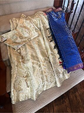 Ivory Gold Brocade Lehenga with Royal Blue Dupatta